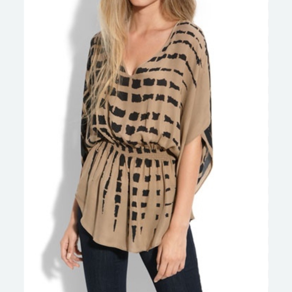 Parker - women’s 100% silk blouse kimono 1/2 sleeve Tan Black elastic waist Top